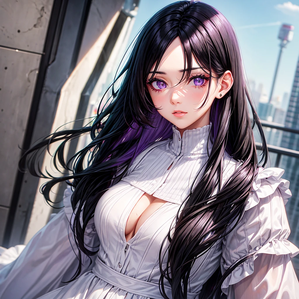 A woman with black hair with white highlights, with lilac eyes, with a mark on the cheek