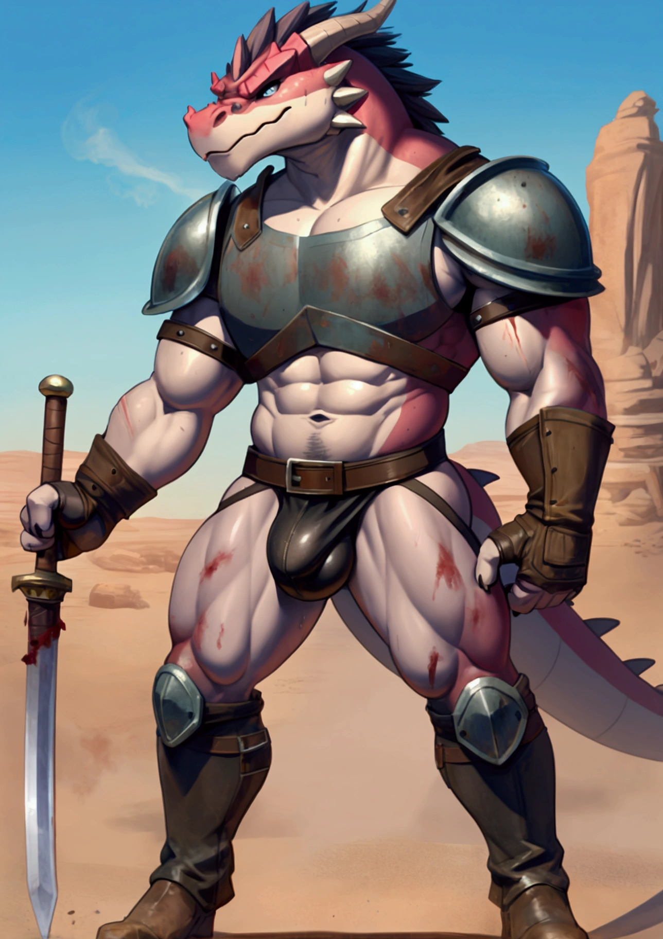 Solo Sexy anthro scalie dragon male mercenary medieval solider, slim endomorph muscular handsone model male apperance, sword scars, worn out rusty skimpy armament, low on hips heavy leather belt, studded skimpy armlets breastplate armor, skimpy breastplate, leather bondages, fingerless leather gloves, smelly unwashed husk, dirty body look, blooded husk, blooded armor, desert battlefield, standing in sexy fighting position, close view of full character. Create an image featuring a white linen jockstrap that has clearly seen better days. The fabric is dirty, unwashed, and worn out, with never-washed dirt and stains from dried blood, sweat, and other bodily fluids. This jockstrap has been weared by a hunky desert dragon warrior, who isn't afraid to get down and dirty. It clings tightly to his muscular body, emphasizing every bulge and curve, as he stands tall and proud, surveying the land he has conquered with ease.