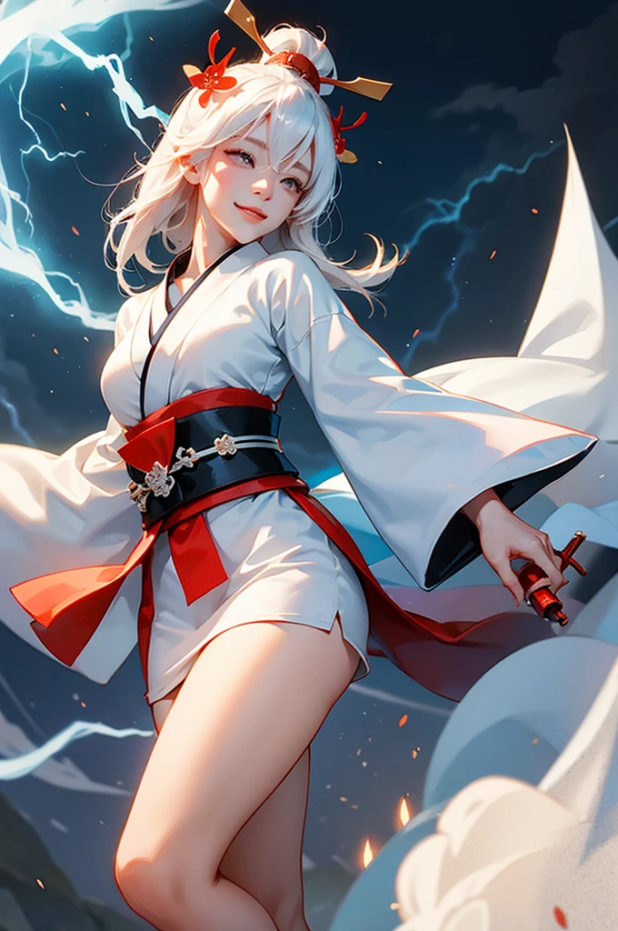 A beautiful woman in a white kimono, smiling fearlessly, as a Japanese onmyoji holds a talisman and manipulates lightning
