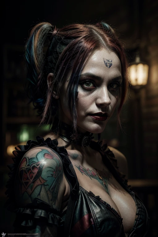 Gothic beautiful Harley Quinn, beautiful face Harley Quinn, portrait of gothic Harley Quinn, mischievous look, leather black corset, Dan Mumford and Peter Mohrbacher, portrait of a Harley Quinn, remarkable Joker makeup, scary detailed art in color, Peter Mohrbacher and Dan Mumford, epic digital art, beautiful digital artwork, Dan Mumford and Alex Grey style, Joker, Harley Quinn, digital illustration, (best quality, 4k, highres, masterpiece:1.2), ultra-detailed, (realistic:1.37), HDR, studio lighting, physically-based rendering, extreme detail description, professional, vivid colors, bokeh, portraits, horror, concept artists, gothic, vibrant, intense lighting, contrasting colors.