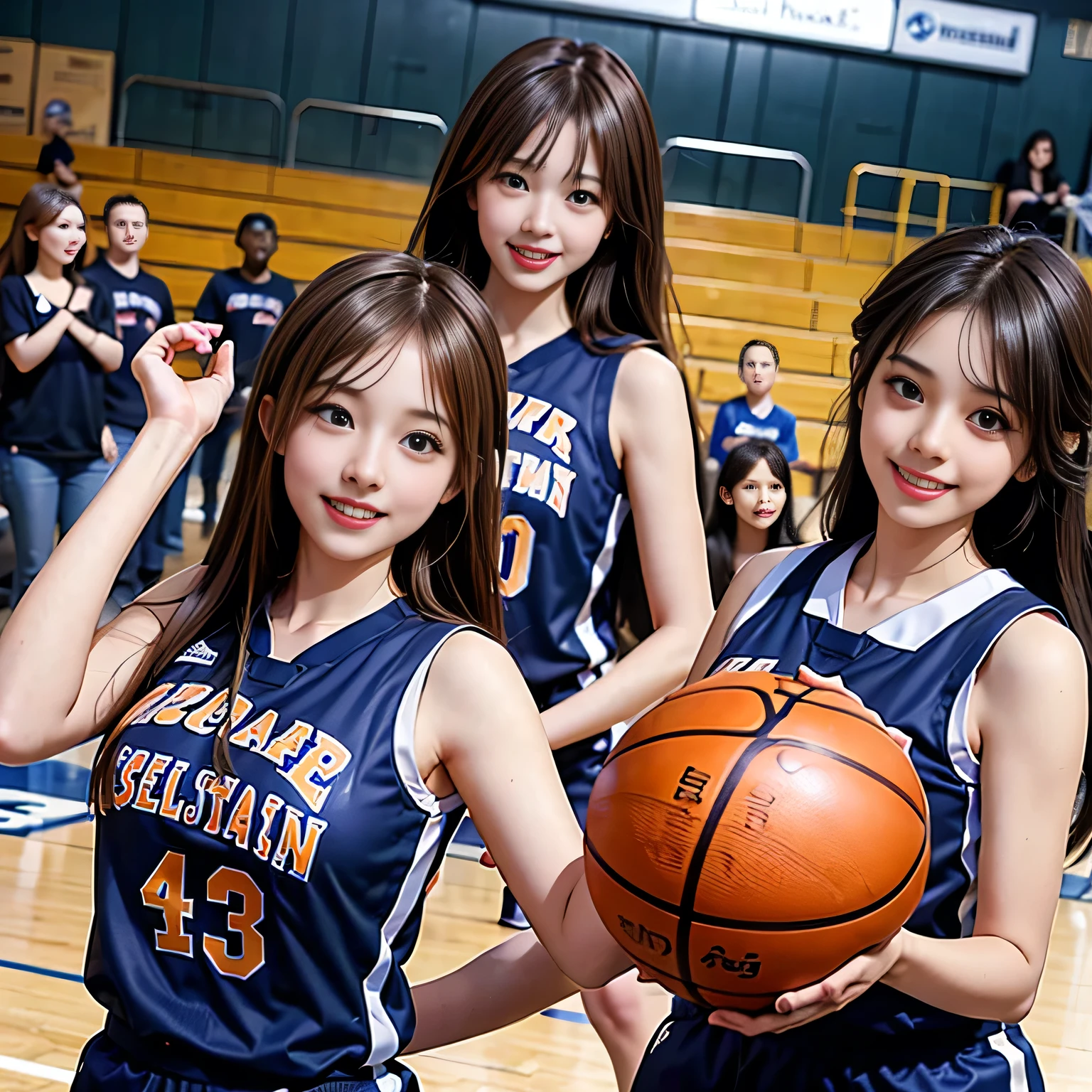 A beautiful woman in a basketball uniform hanging from the basketball hoop with both hands, bottom up angle, hourglass figure, confident smile, female basketball players of both teams in uniforms, cheering audience