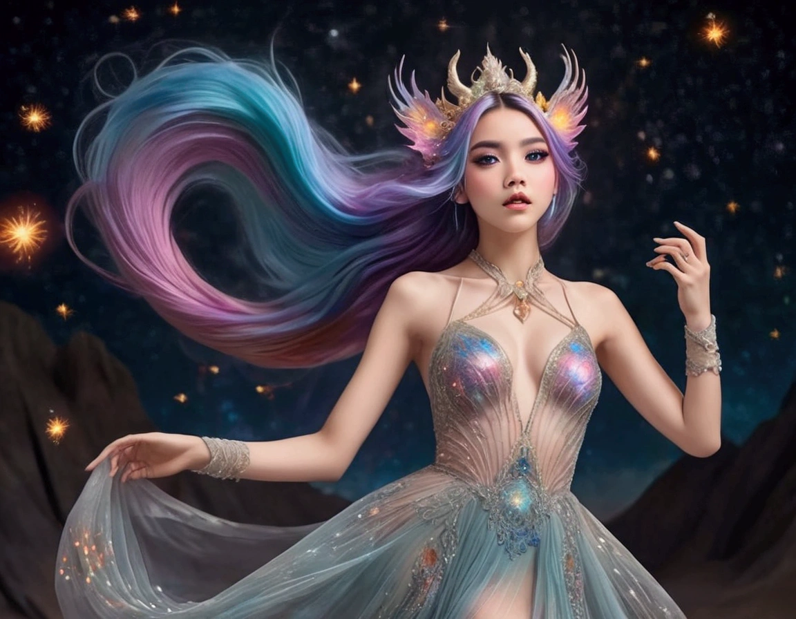 A lovely woman (age 25, sheer airy gown, dragon makeup, big eyes, colorful hair, dancing on a cosmic field of stars, trails of stardust and sparkles
