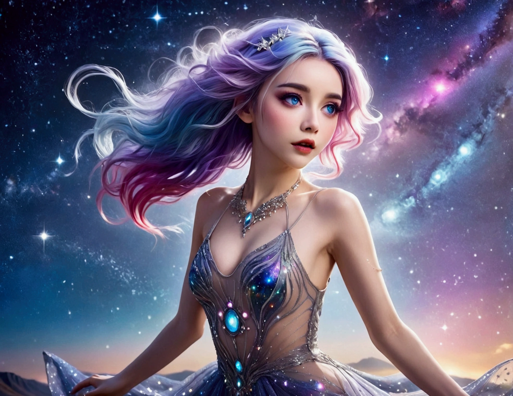 A lovely woman (age 25, sheer airy gown, dragon makeup, big eyes, colorful hair, dancing on a cosmic field of stars, trails of stardust and sparkles