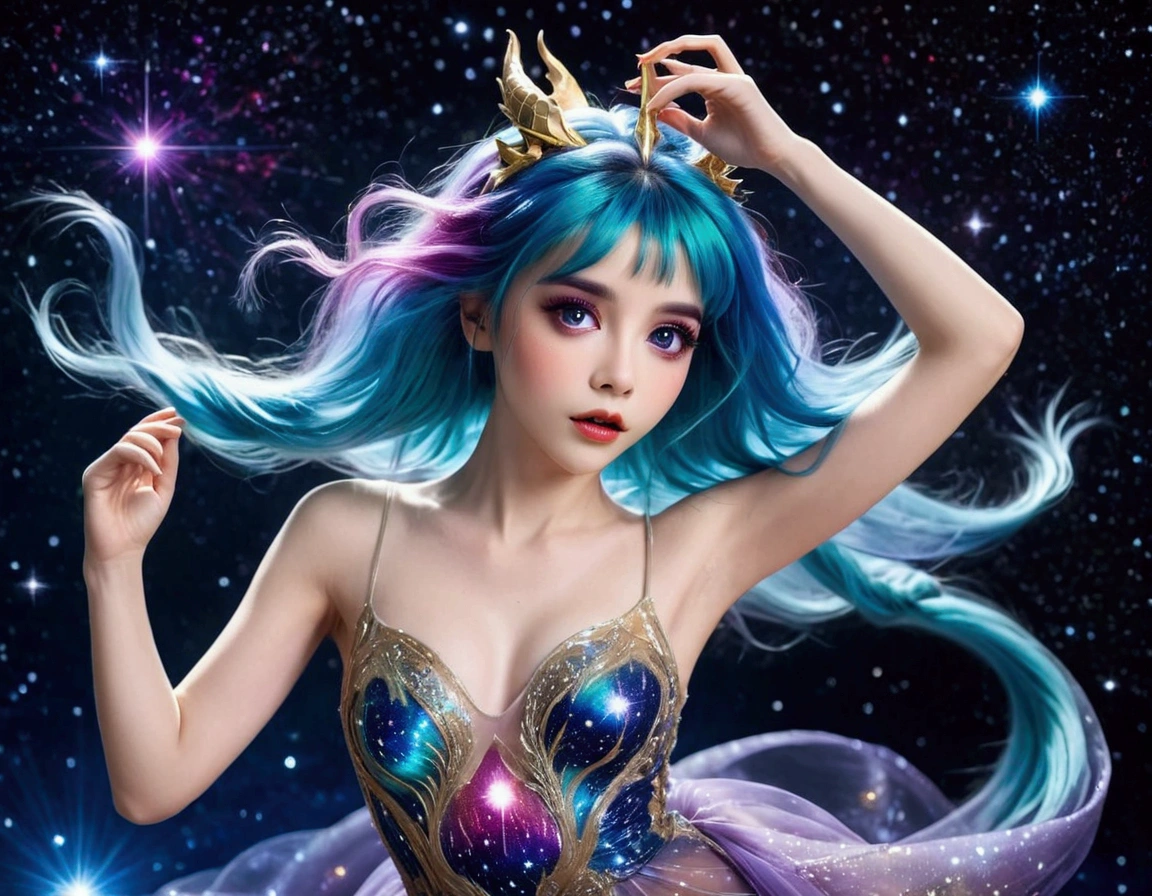 A lovely woman (age 25, sheer airy gown, dragon makeup, big eyes, colorful hair, dancing on a cosmic field of stars, trails of stardust and sparkles