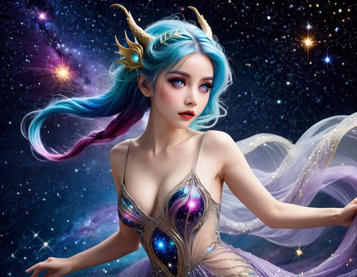 A lovely woman (age 25, sheer airy gown, dragon makeup, big eyes, colorful hair, dancing on a cosmic field of stars, trails of stardust and sparkles