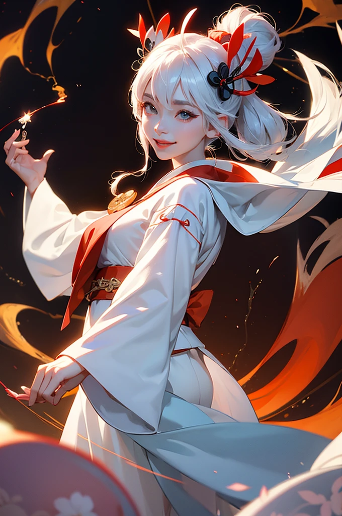A beautiful woman in a white kimono, smiling fearlessly, as a Japanese onmyoji holds a talisman and manipulates lightning