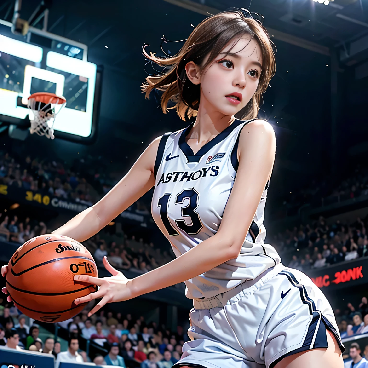 (((moment a female basketball player makes a dunk shot))), dynamic action pose, mid-air, crowd cheering, sports arena, dramatic lighting, fast motion blur, hyper-realistic, cinematic, vibrant colors, photorealistic, 8k, masterpiece, (best quality, 4k, 8k, highres, masterpiece:1.2), ultra-detailed, (realistic, photorealistic, photo-realistic:1.37), dynamic composition, dramatic camera angle, intense energy, powerful movement, crowd in background, arena lights, sweat, determination on player's face, beautiful detailed eyes, beautiful detailed lips, extremely detailed eyes and face, long eyelashes