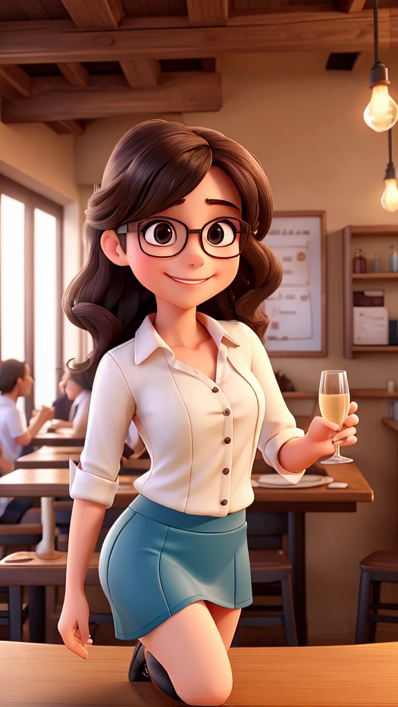 a young woman, she wears glasses. She is very happy because she received a promotion at work. She is in a seaside bar celebrating with a glass of champagne in her hand. She is wearing a sexy top and skirt.