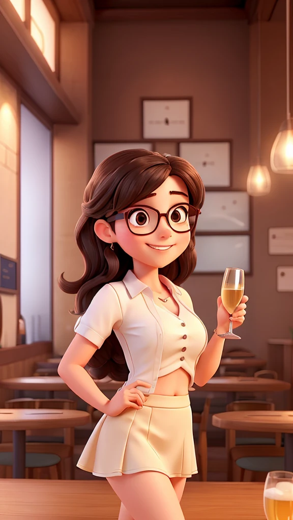 a young woman, she wears glasses. She is very happy because she received a promotion at work. She is in a seaside bar celebrating with a glass of champagne in her hand. She is wearing a sexy top and skirt.