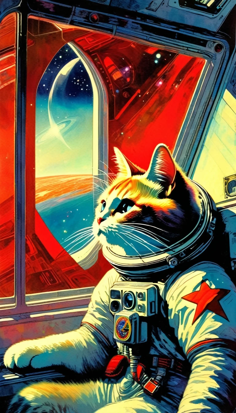 a communist astronaut cat in the spaceship cabin, window with a view of space, art inspired by Bill Sienkiewicz