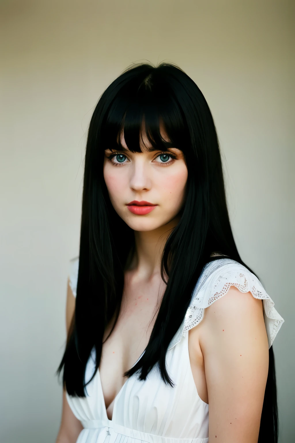 Photograph of a woman with long black hair and bangs , big blue eyes , Caucasian skin, white dress stained with blood