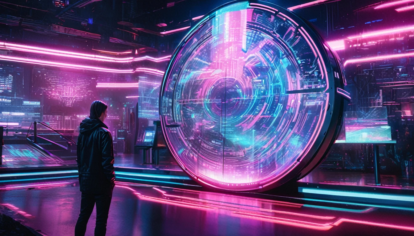 detailed digital art, intricate web design, holographic interface, neon lights, glowing circuit patterns, sleek technology, vibrant colors, cinematic lighting, dramatic atmosphere, masterpiece, photorealistic, 8k, high quality