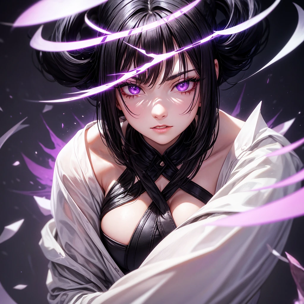 A woman with black hair with white highlights, with lilac eyes, with a demonic mark on the cheek