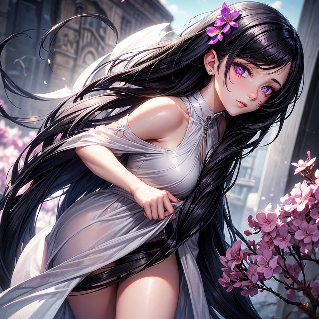 8K, Ultra High Definition, Super detailed, Shiny detailed hair, detailed face, fantasy landscape, solo, looking at viewer, {{best quality}}, {{masterpiece}}, {{ultra-detailed}}, {detailed light}, ultra high quality eyes, detailed eyes, perfect eyes, large eyes, ((detailed pink eyes)), beautiful lips, ((black and blue hair)), long hair, beautiful, skinny body, white skin, slutty, erotic, suggestive, ((pink flower hair ornament)), {{nsfw}}