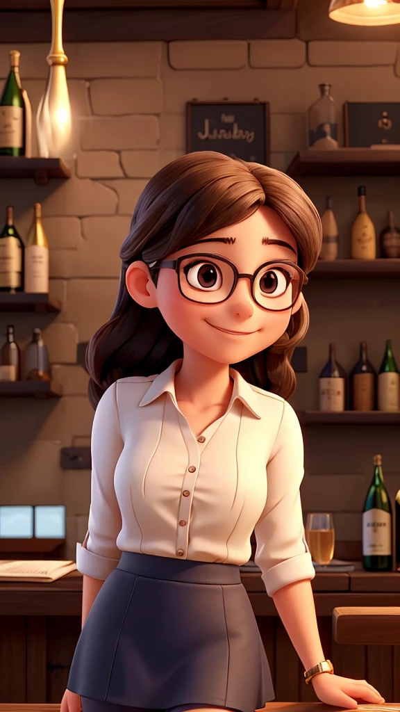 a young woman, she wears glasses. She is very happy because she received a promotion at work. She's in a little bar in the country at night. she is celebrating with a glass of champagne in her hand. She is wearing a sexy top and skirt.