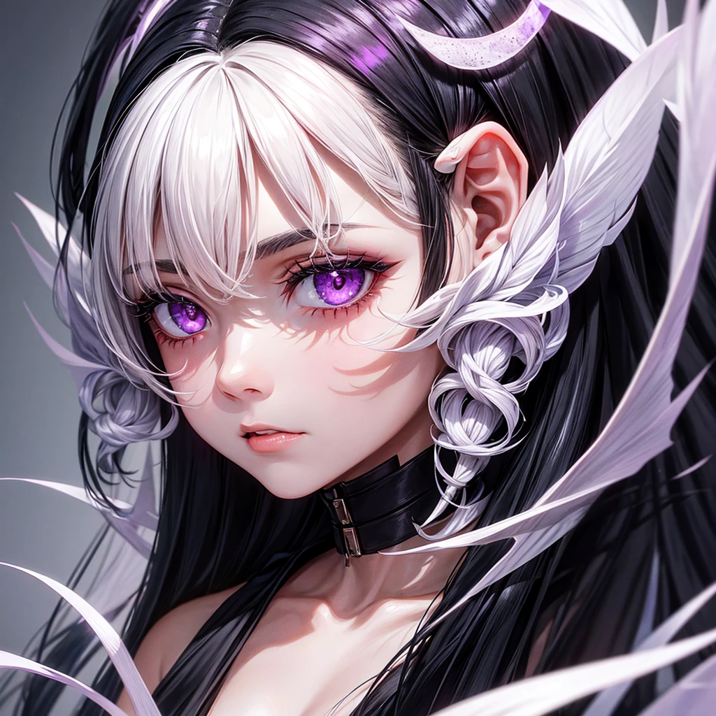 A woman with black hair with white highlights, with lilac eyes, with a demonic mark on the cheek