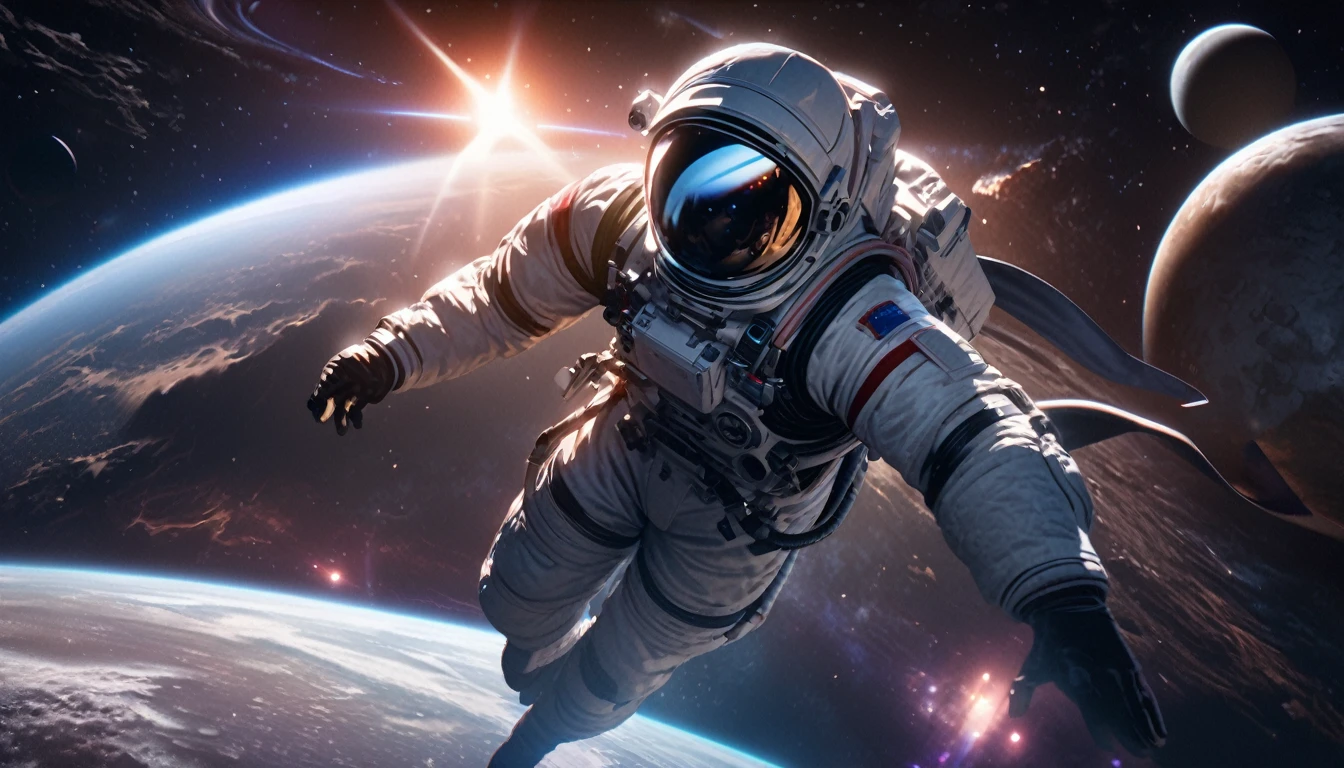 highly detailed astronaut riding a horse in space, beautiful detailed astronaut suit, extremely detailed space background with planets, stars, and galaxies, beautiful detailed horse, photorealistic, cinematic lighting, dynamic pose, dramatic atmosphere, bright colors, Volumetric lighting, Stunning 8K quality