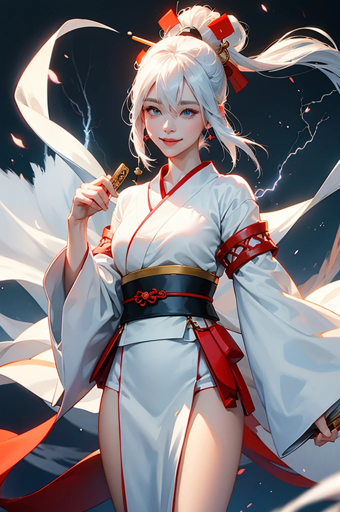 A beautiful woman in a white kimono, smiling fearlessly, as a Japanese onmyoji holds a talisman and manipulates lightning