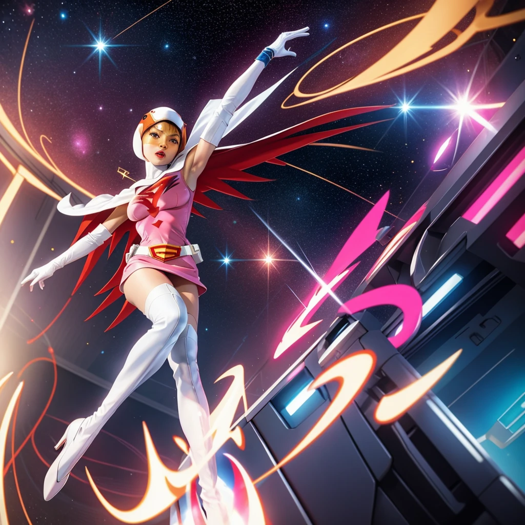 ANI_CLASSIC_jun_gatchaman_ownwaifu,1girl, 15yo,good anatomy, masterpiece, best quality, realistic, hyper realistic, 16k hdr, breasts, large breasts, lipstick, makeup, gloves, cape, helmet, belt, elbow gloves, white gloves, mask, ultra miniskirt, leotard, spacesuit, white tight overknee highheel boots, pink dress, superhero, bodysuit, cleavage, erected nipples,(sexy pose, from below:1.2),(spread legs:1.1),cameltoe