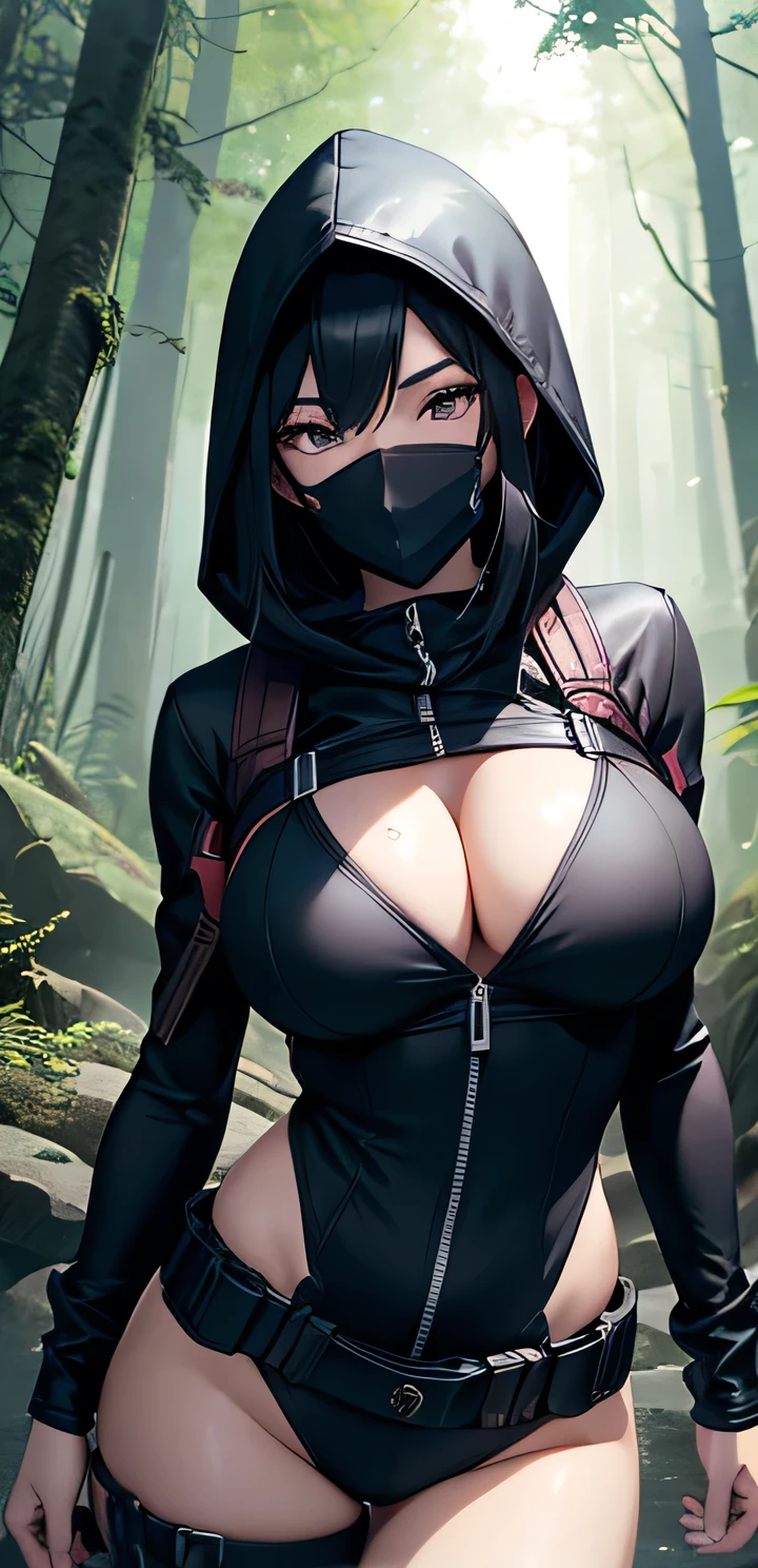 beautiful detailed 25 years old female japanese, wearing Ninja Attire: Stealthy and practical clothing with a hood, mask, and utility belt, beautiful face, shiny white skin, black hair, slender, ultra large saggy breasts, massive cleavage exposed, deep forest background