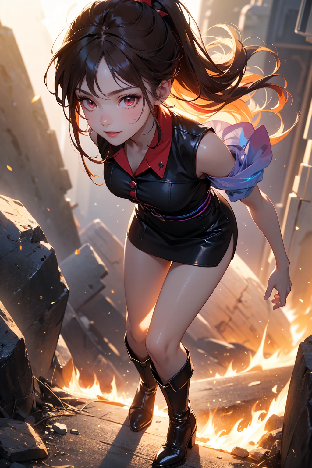 20 years old, long red hair, wears a ponytail, red eyes, always smiling. She dresses in an antique style, wearing a short brown skirt with black shorts underneath, ending above the knees. She wears knee-high brown boots. Her white blouse is sleeveless and features red details. She possesses fire powers and has a fire-themed background. 8k, high quality, full body, (ultra-realistic), {extremely detailed 8k CG unit wallpaper}, expansive landscape photograph, , (light: 2.0), (warm light source: 1.5), complex details, (iridescent colors: 1.5), (bright lighting), (atmospheric lighting), surreal, impressive, fantasy, (Solo: 1.2)