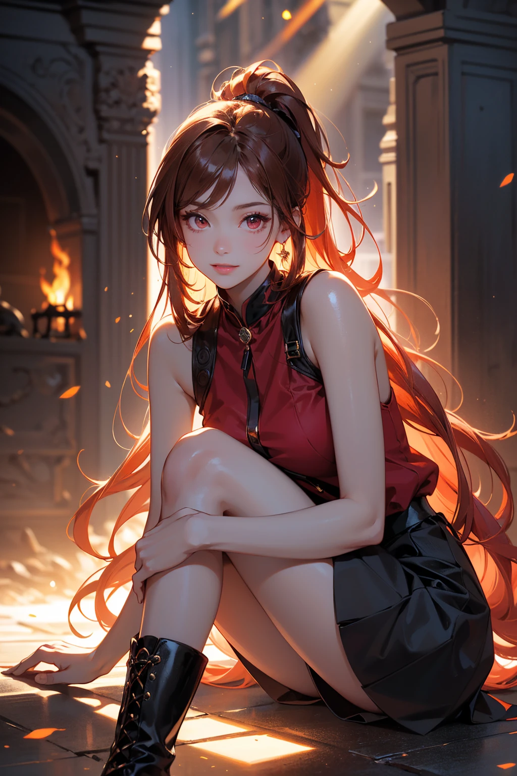 20 years old, long red hair, wears a ponytail, red eyes, always smiling. She dresses in an antique style, wearing a short brown skirt with black shorts underneath, ending above the knees. She wears knee-high brown boots. Her white blouse is sleeveless and features red details. She possesses fire powers and has a fire-themed background. 8k, high quality, full body, (ultra-realistic), {extremely detailed 8k CG unit wallpaper}, expansive landscape photograph, , (light: 2.0), (warm light source: 1.5), complex details, (iridescent colors: 1.5), (bright lighting), (atmospheric lighting), surreal, impressive, fantasy, (Solo: 1.2)
