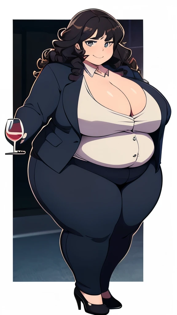 500 pound obese woman, in a  ripped business suit, belly hanging out, holding a glass of wine, black curly hair. Big , fully body