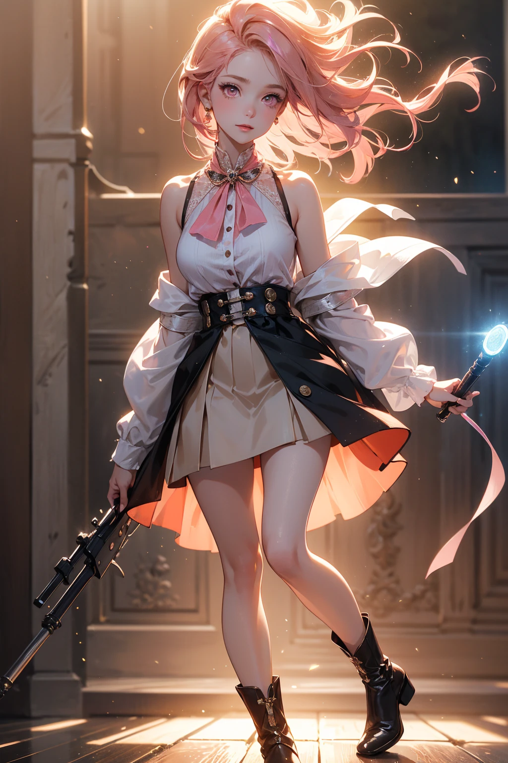 20 years old, with short pink hair just below the shoulders, pale pink eyes, and an expression that is serious yet happy. She dresses in an antique style, wearing a long light brown skirt, a sleeveless white blouse with a vertical red line down the center on the buttons, brown gloves, and high boots with many straps. Her weapons are hundreds of needles connected by thread. 8k, high quality, full body, (ultra-realistic), {extremely detailed 8k CG unit wallpaper}, expansive landscape photograph, (light: 2.0), (warm light source: 1.5), complex details, (iridescent colors: 1.5), (bright lighting), (atmospheric lighting), surreal, impressive, fantasy, (Solo: 1.2)