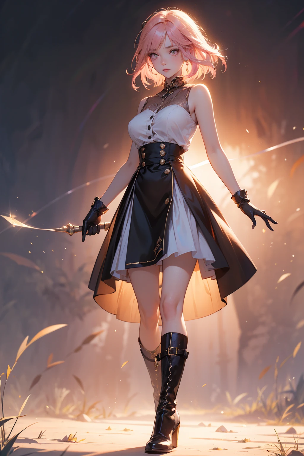 20 years old, with short pink hair just below the shoulders, pale pink eyes, and an expression that is serious yet happy. She dresses in an antique style, wearing a long light brown skirt, a sleeveless white blouse with a vertical red line down the center on the buttons, brown gloves, and high boots with many straps. Her weapons are hundreds of needles connected by thread. 8k, high quality, full body, (ultra-realistic), {extremely detailed 8k CG unit wallpaper}, expansive landscape photograph, (light: 2.0), (warm light source: 1.5), complex details, (iridescent colors: 1.5), (bright lighting), (atmospheric lighting), surreal, impressive, fantasy, (Solo: 1.2)
