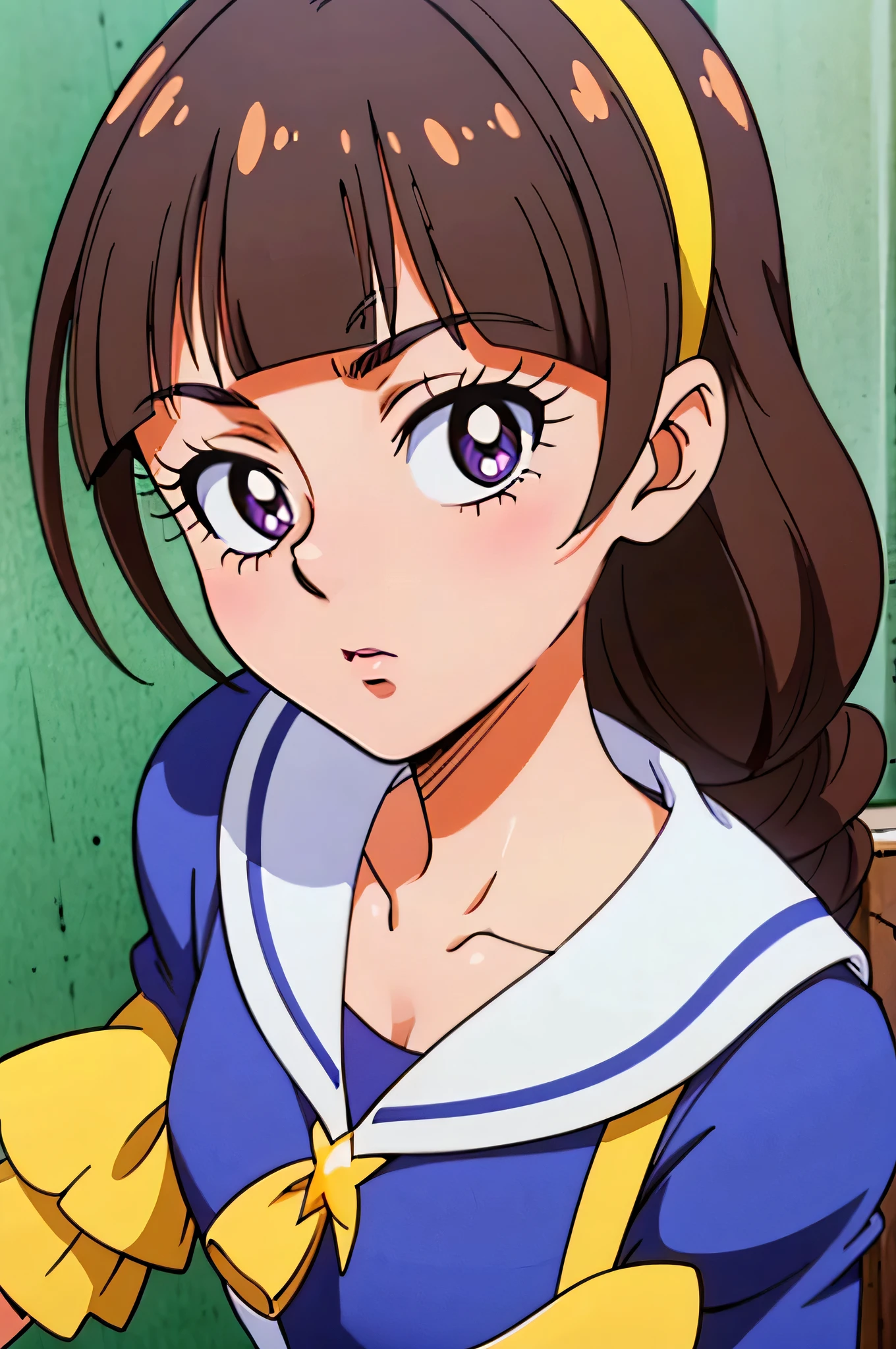 1 girl,(solo), ((amanogawaki)), (masterpiece:1.2), (high quality:1.0),looking at viewer, (Blue and White Uniform), (ultra detailed), (Front View), (expressionless face), Brat, Adolescent, (Yellow Headband), (Orange Ribbon), From Above