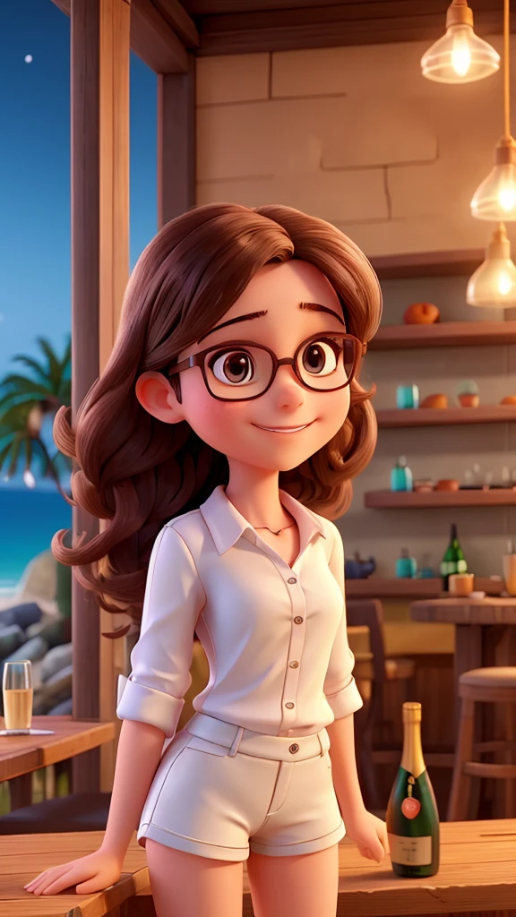 a young woman, she wears glasses. She is very happy. She is in a little beach bar at night. she is celebrating and has a glass of champagne in her hand. She is wearing a small blouse and short shorts. sexy