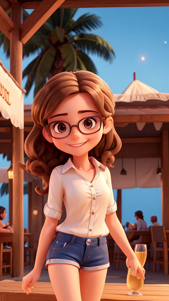 a young woman, she wears glasses. She is very happy. She is in a little beach bar at night. she is celebrating and has a glass of champagne in her hand. She is wearing a small blouse and short shorts. sexy