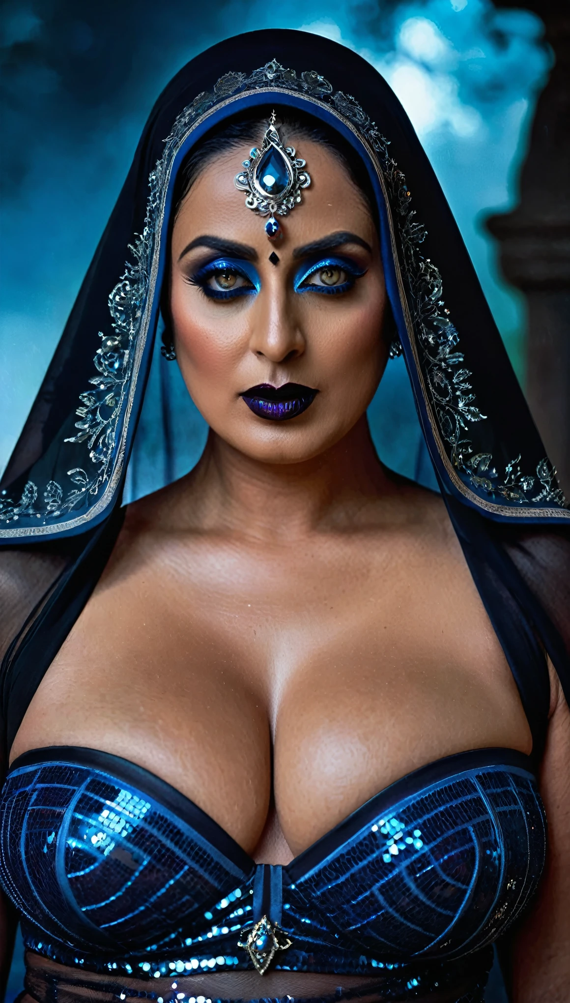 Looks like Mahie Gill, full body Closeup shot, Big chubby aunty, milf, cougar lady witch, fierce eyes, evil seductress, wide body, horny Gothic milf, 60 years old gorgeous mature lady, pervert demoness, demoness of lust, curvy, black lips, horny face, extremely gorgeous, thick figure, heavy physique, voluptuous, curvy, sexy figure, Fashionable portrait of androgynous alien looking witch wearing veil, glowing eyes, futuristic design, minimal details, givenchy, photoreal, 200mm, hd, f/ 2.0, highly detailed, surreal, sexy beautiful evil woman, sexy bold sequin Saree with strapless Bra, chudail, Pishachini, horror genre, blood-thirsty enchantress, powerful female spirit, eerie, drop dead, in the style of red and blue, (intricate details, hyperdetailed:1.15) (skin texture:1.2), dark Moody tone, cinematic lighting, haunted place in background, evil seductress, evil goddes,