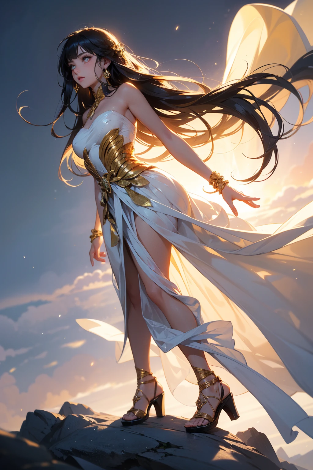 Greek god, full body dance in golden sunset ,a mature female, ethereal, goddess, large breasts, vivid color, white Greek peplos, bare shoulders , bare Waist, bare  Abdomen, perfect female figure, arms up, armpits, thighs, [light smile], expressionless, masterpiece, 8k resolution, fantasy art, 
((high jumper's body proportions)), ((obesity: 0.0)), (((no panties)), ((no panties))), ((No pants),(No socks)),(No skirt)))),((No shoes)))),((Dynamic posture)),(Fighting stance), (Full body), (Greek feet), (Carefully groomed nails),((Delicate and small toes, perfect toes))), (Camel toes),((Correct anatomy)),((Correct dissection))),( Clothing: transparent cheongsam made of transparent plastic, high slit design, white flowers cut at the waist, perfectly blending with the figure))), ((gemstones, diamonds, pendants, necklaces, waist chains, stud earrings, earrings, bracelets, anklets)), (((the sword flies, the robe flutters with the wind))), (((the world of clouds and mist))), ((the flying sword is inlaid with gems))), (the clothes are painted with ink landscape paintings)))), (almost naked))) ((fully see-through exposed crotch, clear closed crotch cleft streaks)), ((without bra)), slender body, (almost naked))), (( Ancient Greek-style robe of colorless transparent fabric with minimal cloth area)), ((colorless transparent fabric bra with minimal fabric area)), ((colorless transparent loin cloth with minimal cloth area)), ((Bust mostly exposed with full see-through))), Perfect slim body (nipple slip: 0.5)
 ((masterpiece)), (detailed), alluring succubus, ethereal beauty, perched on a cloud, (fantasy illustration:1.3), enchanting gaze, captivating pose, otherworldly charm, mystical sky, soft colors, (detailed cloudscape:1.3), (high-resolution:1.2), ((masterpiece)), (best quality), HDR, ((masterpiece)), (best quality), HDR, FEMME, Mirela Anton art Style, artistic, Soft color palette, windblown flowers, Sparkle, magical photography, Soft smooth lighting, Light background,