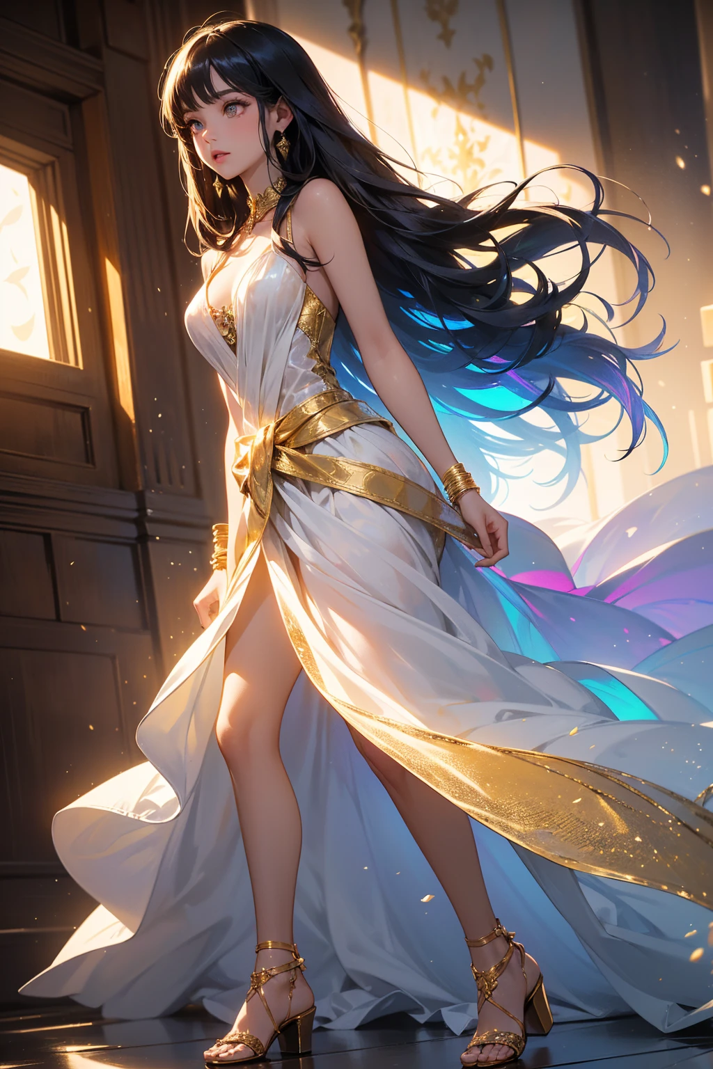 20 years old, with long black hair down to her waist, golden eyes. She wears jewelry and dresses in an antique style, donning a long white dress with golden details. She wears elegant gladiator sandals. She possesses golden powers and has a golden-themed background. Whole body, (ultra realistic), {Extremely detailed CG unit 8k wallpaper}, expansive landscape photography, (A view from below that shows the greatness of the character, wide open field view), (low angle shot), (light: 2.0), (warm light source: 1.5), Complex details, (Iridescent colors: 1.5), (bright lighting), (atmospheric lighting), surreal, Awesome, fancy, (Alone: 1.2)
