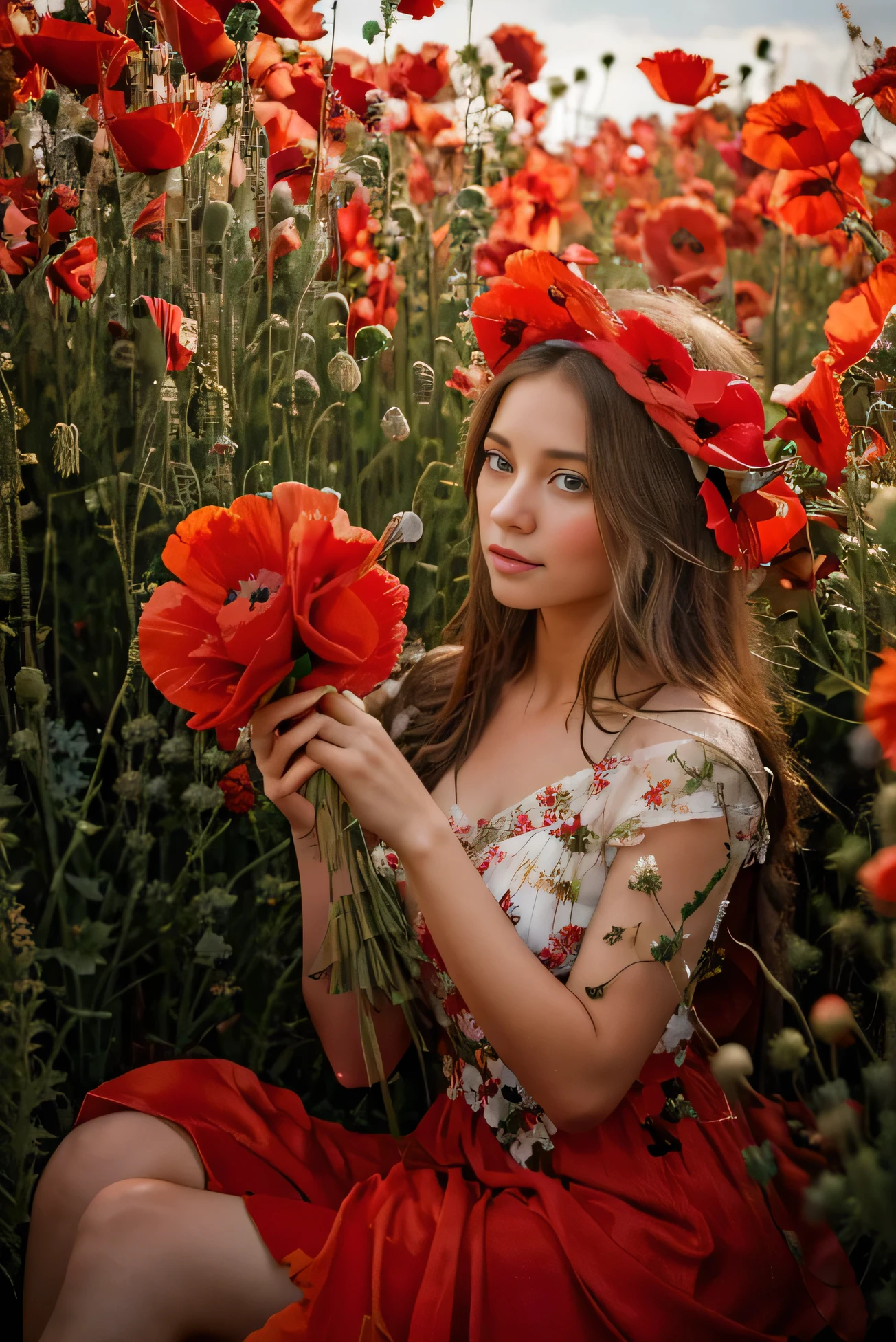 A girl in a red silk dress sits in a field of poppies with a bouquet of poppies in her hands. Long brown hair and a wreath in her hair