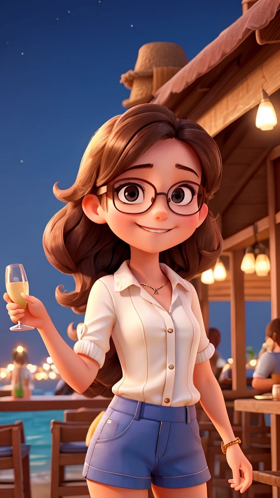 a young woman, she wears glasses. She is very happy. She is in a little beach bar at night. she is celebrating and has a glass of champagne in her hand. She is wearing a small blouse and short shorts. sexy