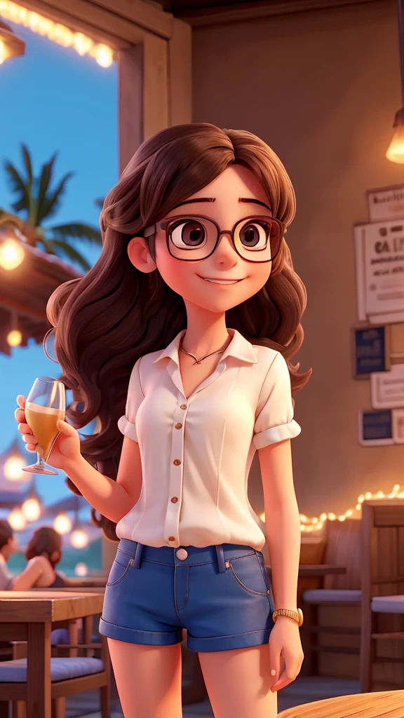a young woman, she wears glasses. She is very happy. She is in a little beach bar at night. she is celebrating and has a glass of champagne in her hand. She is wearing a small blouse and short shorts. sexy