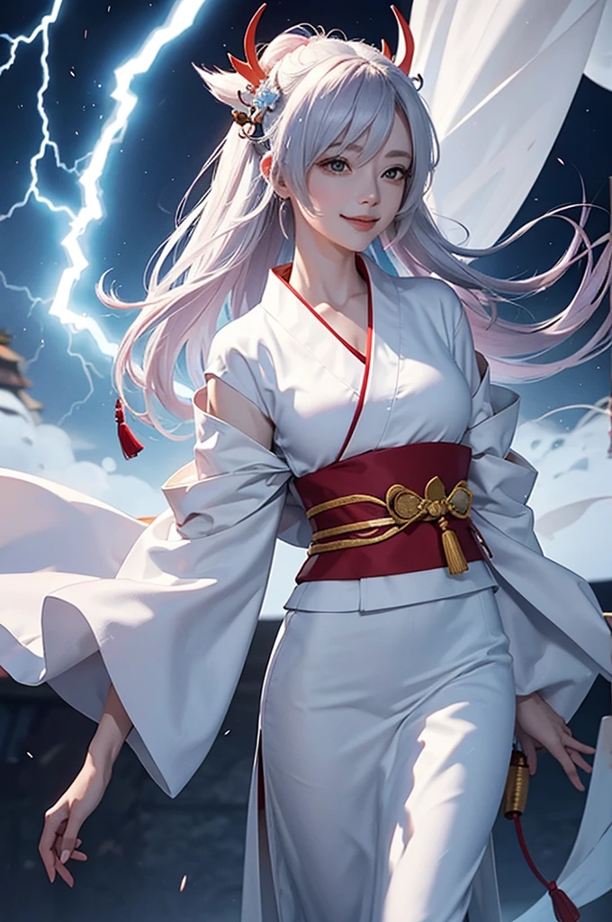 A beautiful woman in a white kimono, smiling fearlessly, as a Japanese onmyoji holds a talisman and manipulates lightning