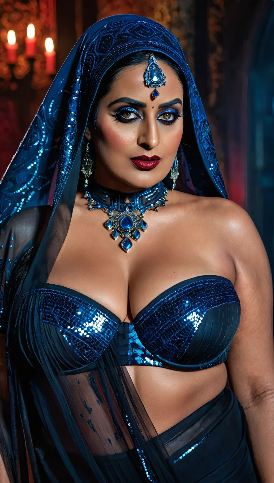 Looks like Mahie Gill, full body Closeup shot, Big chubby aunty, milf, cougar lady witch, fierce eyes, evil seductress, wide body, horny Gothic milf, 60 years old gorgeous mature lady, pervert demoness, demoness of lust, curvy, black lips, horny face, extremely gorgeous, thick figure, heavy physique, voluptuous, curvy, sexy figure, Fashionable portrait of androgynous alien looking witch wearing veil, glowing eyes, futuristic design, minimal details, givenchy, photoreal, 200mm, hd, f/ 2.0, highly detailed, surreal, sexy beautiful evil woman, sexy bold sequin Saree with strapless Bra, chudail, Pishachini, horror genre, blood-thirsty enchantress, powerful female spirit, eerie, drop dead, in the style of red and blue, (intricate details, hyperdetailed:1.15) (skin texture:1.2), dark Moody tone, cinematic lighting, haunted place in background, evil seductress, evil goddes,