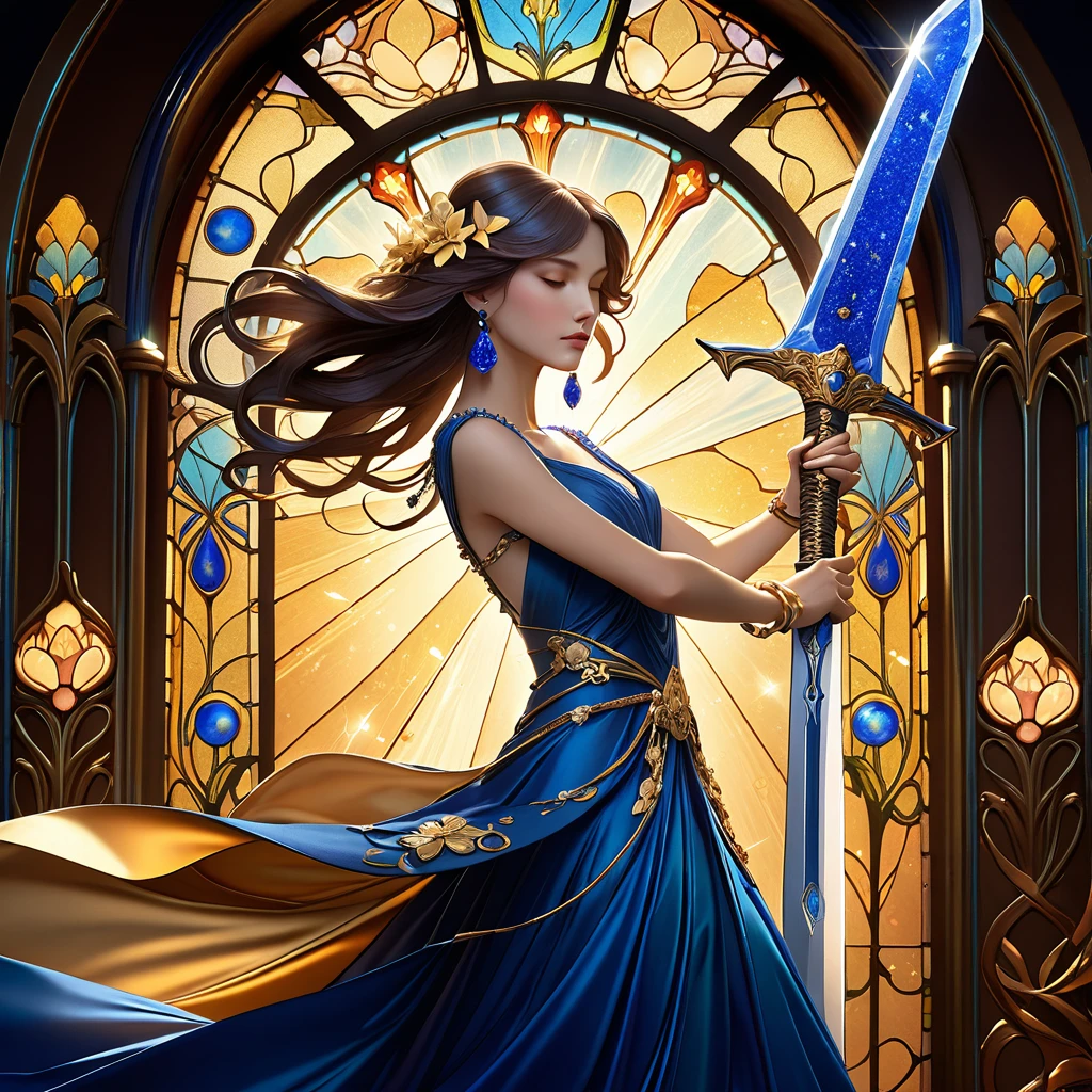 telescope lens, Abstract background, Official Art, Very detailed CG ユニティ 8k 壁紙, Very detailed, woman, Fairy, ribbon, bracelet, Drop Earrings, jewelry, Wedding dress, Holding (((((Shining Lapis Lazuli Great Sword)))), theater, Stained glass, (Dynamic action poses:1.4), Dark Blue Silk Dress, Gold shiny skirt, Blue petals flutter, Cold light tones, figure, ((Art Nouveau)), masterpiece, Highest quality，Slashing Action，Wield a giant sword，Unparalleled Momentum，
