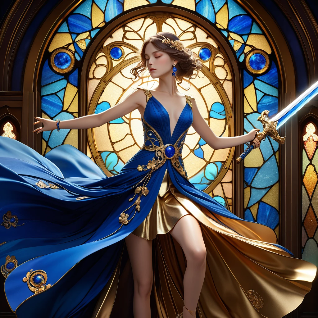 telescope lens, Abstract background, Official Art, Very detailed CG ユニティ 8k 壁紙, Very detailed, woman, Fairy, ribbon, bracelet, Drop Earrings, jewelry, Wedding dress, Holding (((((Shining Lapis Lazuli Great Sword)))), theater, Stained glass, (Dynamic action poses:1.4), Dark Blue Silk Dress, Gold shiny skirt, Blue petals flutter, Cold light tones, figure, ((Art Nouveau)), masterpiece, Highest quality，Slashing Action，Wield a giant sword，Unparalleled Momentum，