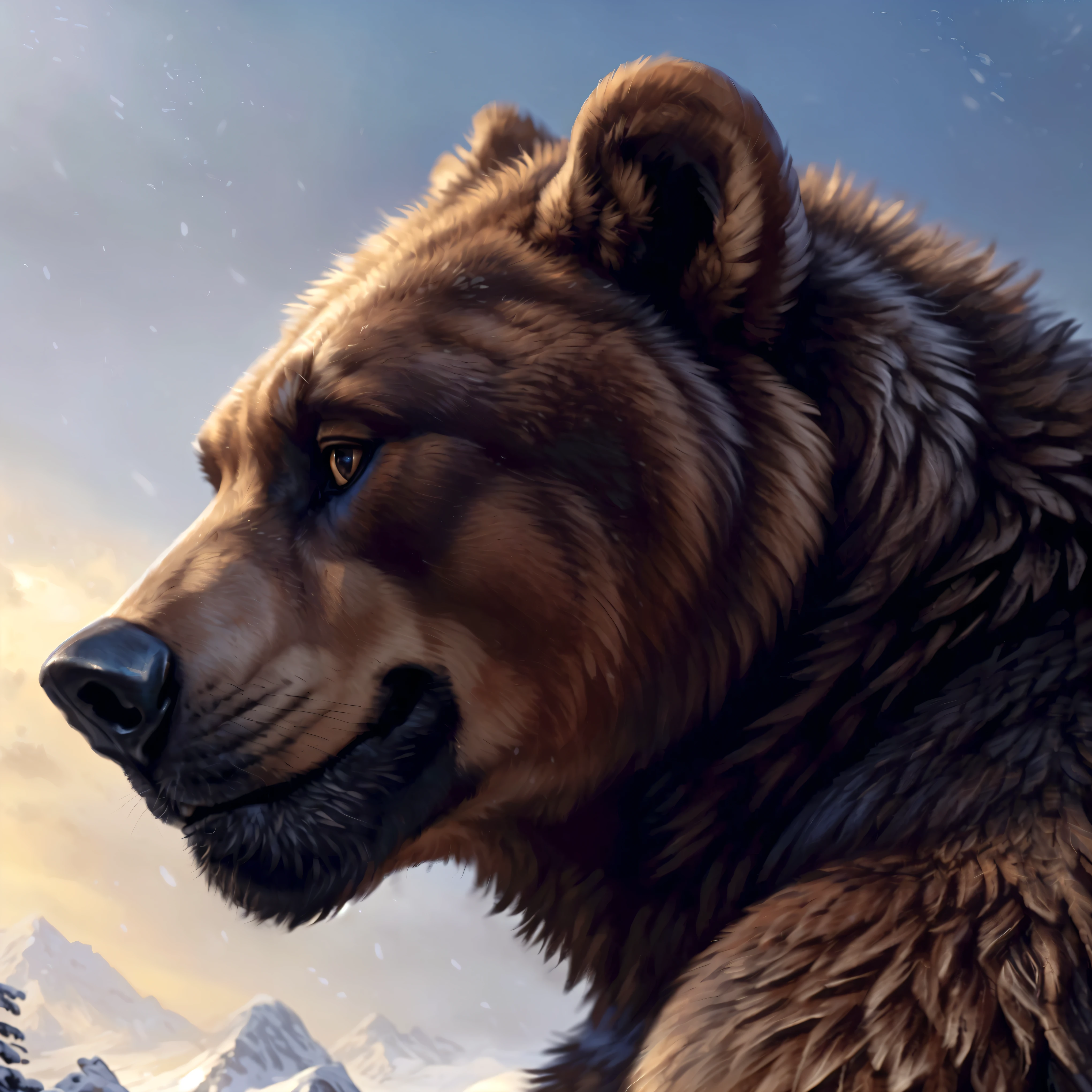 Sharp focus, masterpiece, 8k, intricate artwork, hyper detailed, high detail, best quality, perfect colors, perfect shadows, perfect lighting, posted on e621, furry body, (close-up, profile portrait shot, side view), anthro brown bear, (veiny, massive strongman, burly, manly, brutal face features, masculine:1.3), (monotone brown fur), male, correct anatomy, (photorealistic fur, detailed hairs, epic, masterpiece:1.2), by Taran Fiddler, by Rukis, Bonifasko lighting, (by Blotch), detailed bear eyes, best posture, mountains, forest, winter, cold, (snowstorm), standing still, (looking forward:1.2)