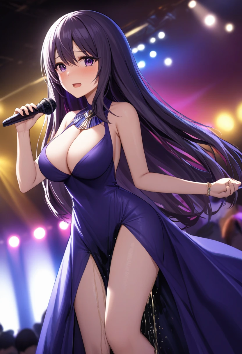 woman, very dark purple hair, purple eyes, long hair, large breasts, very long dress, very tight dress, (wetting herself:1.5), best quality, ultra-detailed, HDR, studio lighting, professional, vivid colors, sharp focus, bokeh, landscape, nightclub, crowd, on stage, microphone, singing, futuristic, science fiction, soft lighting, dynamic shadows, embarrassed, humiliation, blushing, tears