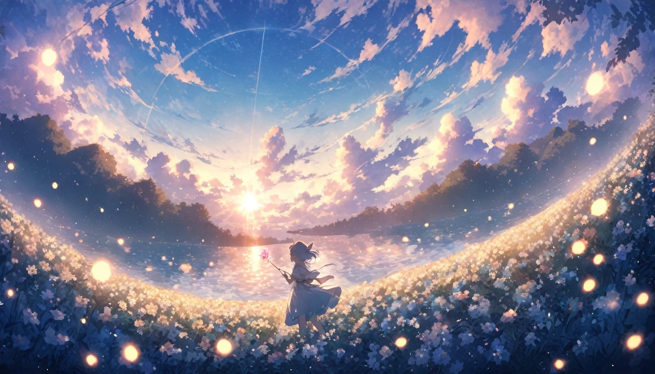 blue sky, White clouds floating in the distance, Standing on a sea of flowers, holding a fairy wand、There are fireflies flying around. The background is filled with cloud flowers of all sizes., Creates a dreamy, dreamy atmosphere with blue tones. High-definition anime style, High resolution. Panoramic view from above, Capturing the vastness of nature. Soft lighting creates a warm atmosphere.