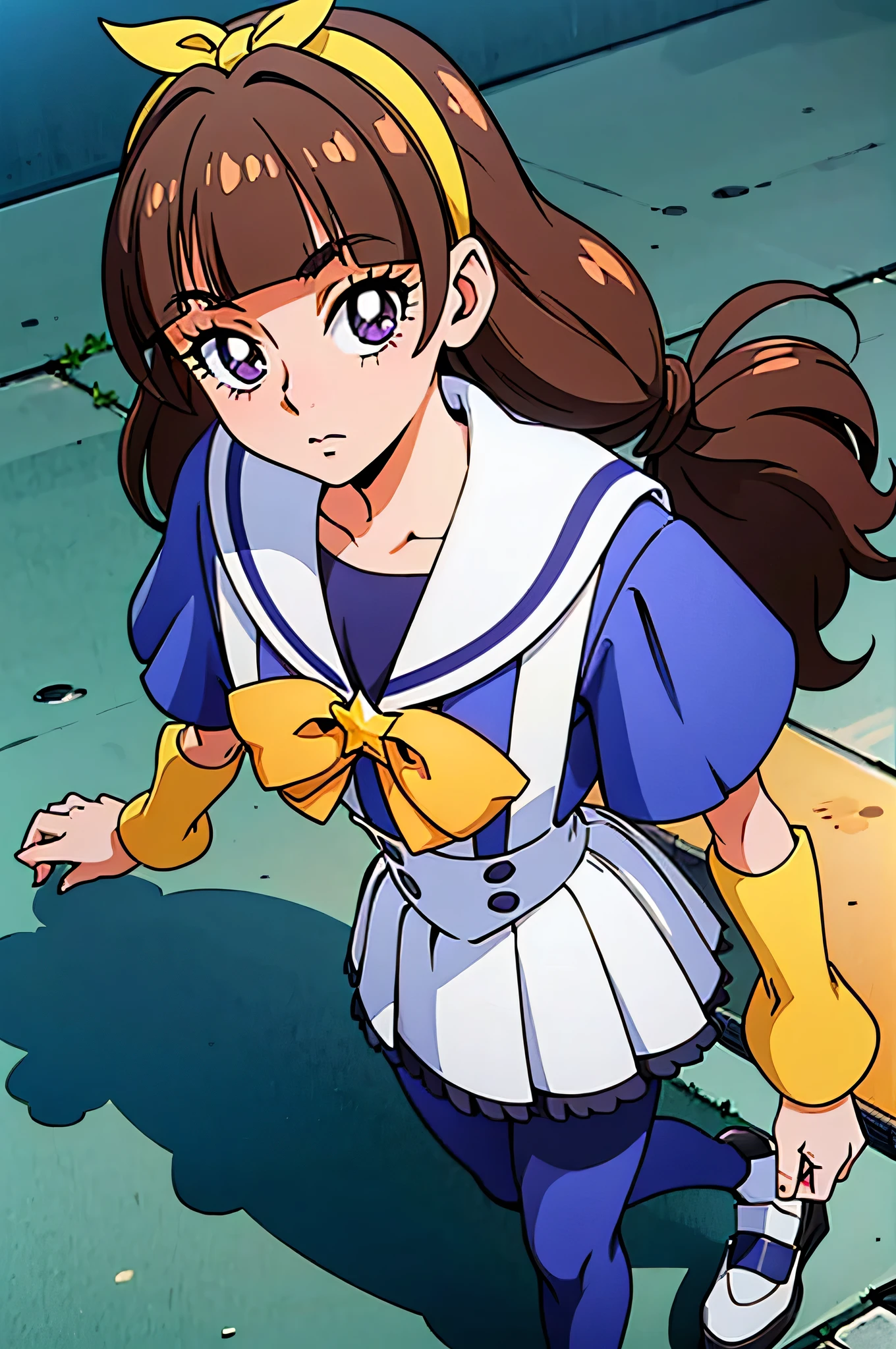1 girl,(solo), ((amanogawaki)), (masterpiece:1.2), (high quality:1.0),looking at viewer, (Blue and White Uniform), (ultra detailed), (Front View), (expressionless face), Brat, Adolescent, (Yellow Headband), (Orange Ribbon), From Above, White Uniform Skirt, Blue Knee Socks, Black Shoes