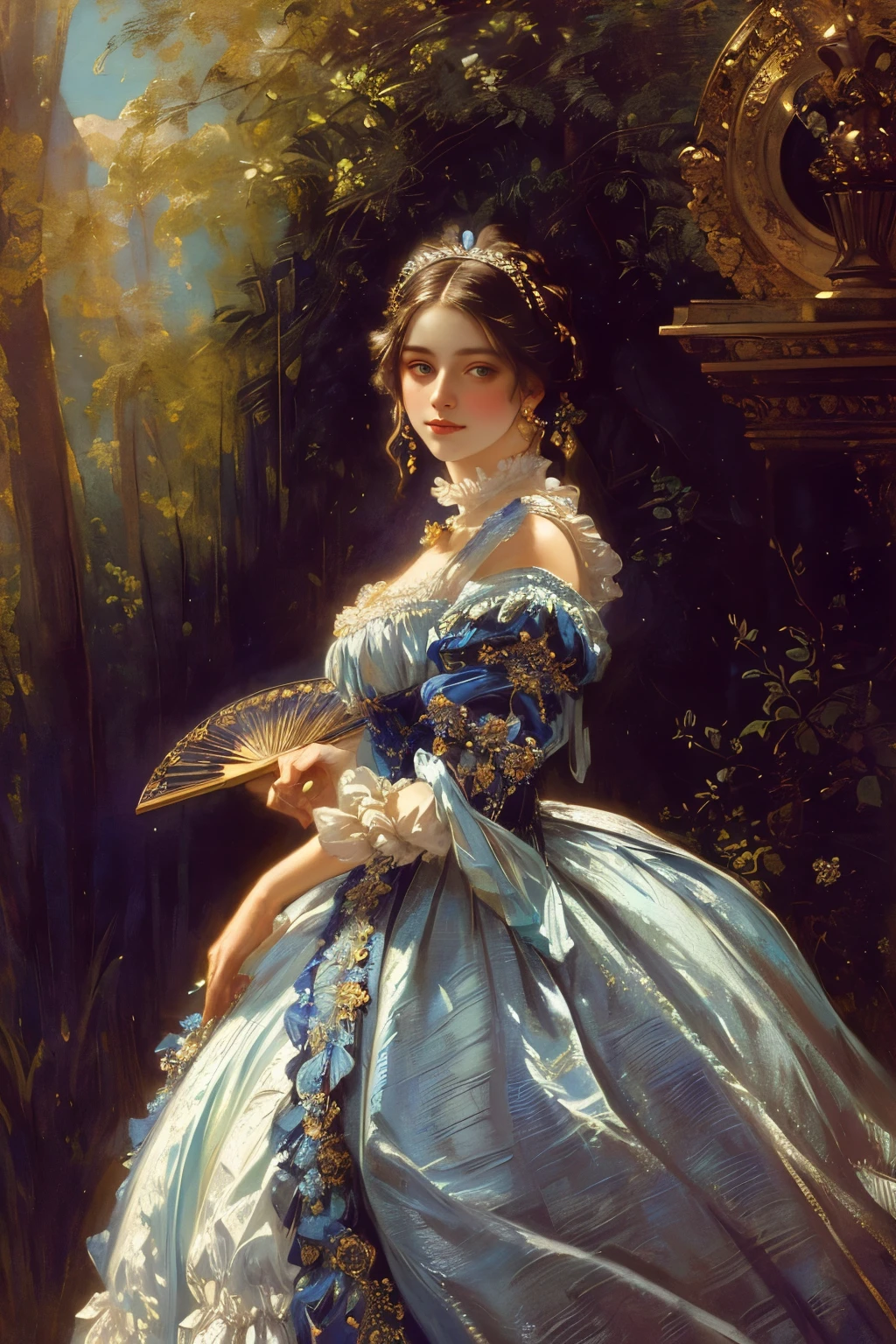 a painting of a woman in a blue dress holding a fan, by Franz Xaver Winterhalter, inspired by Franz Xaver Winterhalter, inspired by Konstantin Makovsky, auguste toulmouche, a beautiful victorian woman, portrait of a princess, inspired by Jaroslava Korol, portrait of lolita, portrait of the actress