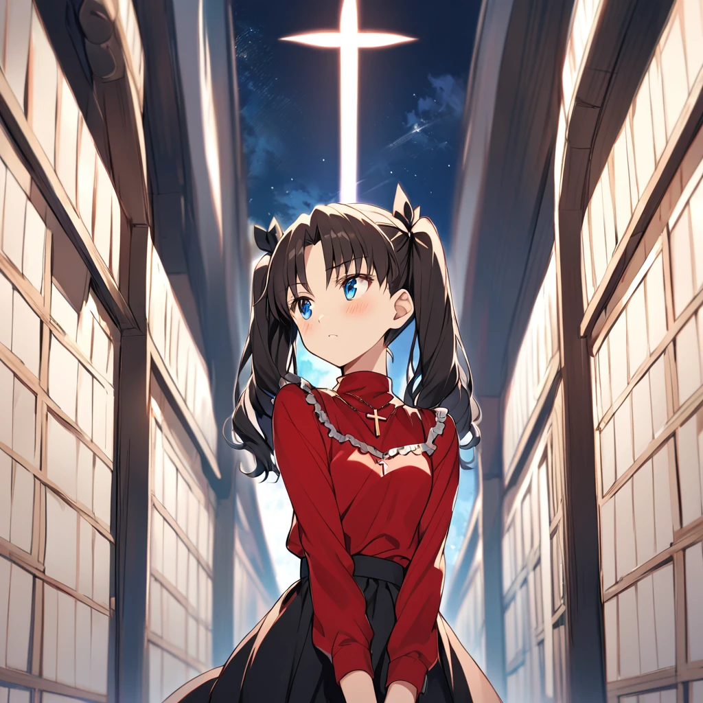 fate stay night, Tohsaka Rin(black twin-tails hair, long sleeves red blouse, black skirt, light blue eyes, cross necklace), blush, upward glance,