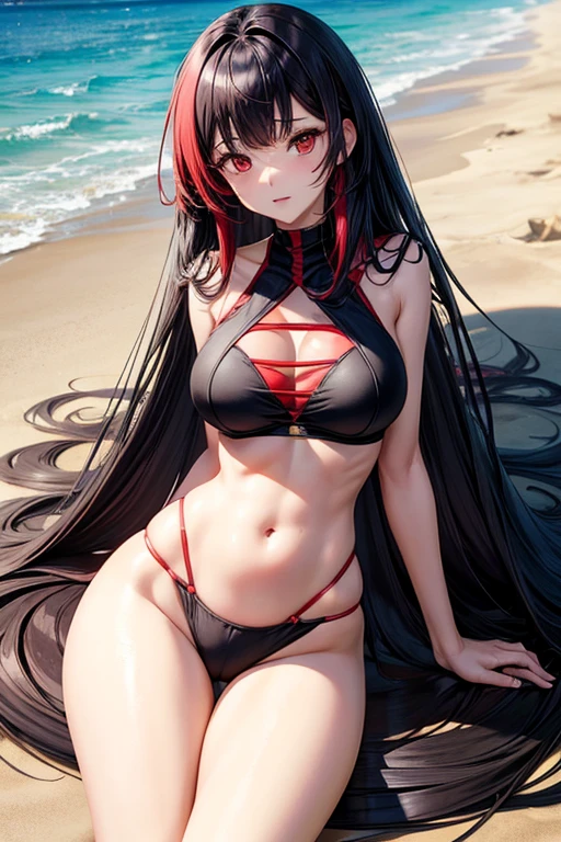 Create an anime character on the beach her body is perfect, full of curves her hair is long and also black with red bangs her clothes are red and black