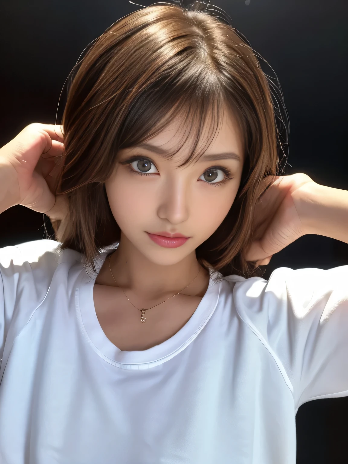 One Japanese woman、30 years old、Close-up photo with focus on face、Black Background、Anatomically correct hand、Focused eyes、Detailed eyes、Detailed face、Light brown hair、White T-shirt、
